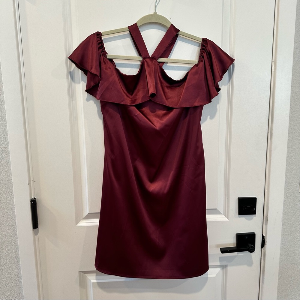 Purple Satiny Cold Shoulder Ruffle Dress
